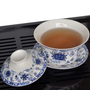 vv8oo Gaiwan 6.8oz/10oz Gongfu Tea Jingdezhen Ceramic Tureen Teacup Sancai Golden Lotus Saucer Set (10oz/300cc)