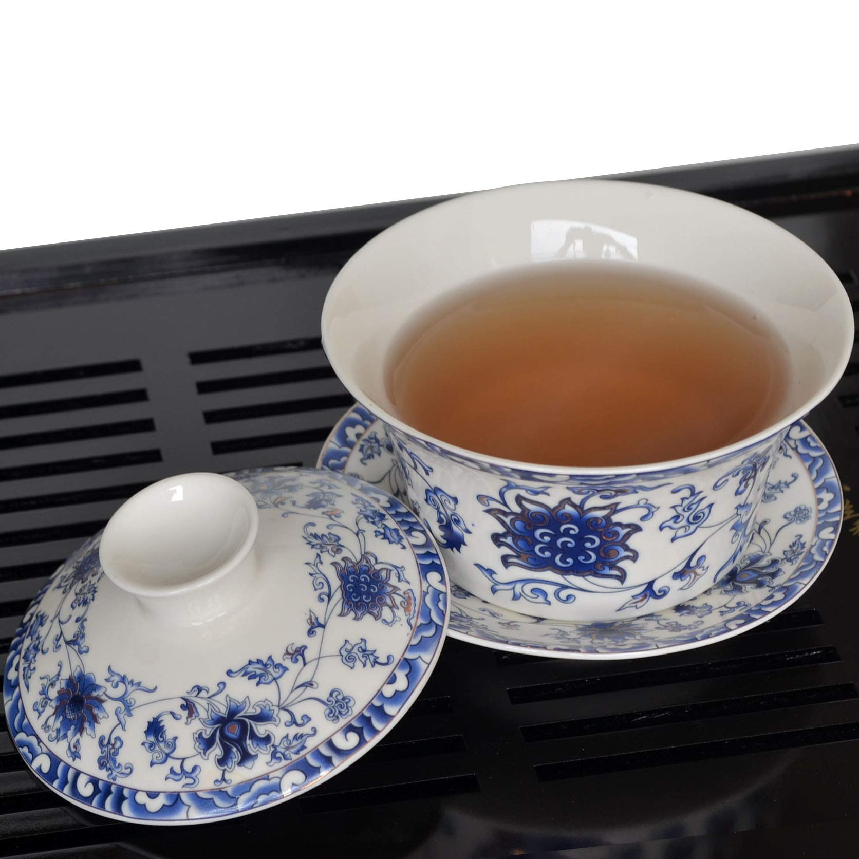 vv8oo Gaiwan 6.8oz/10oz Gongfu Tea Jingdezhen Ceramic Tureen Teacup Sancai Golden Lotus Saucer Set (10oz/300cc)