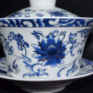 vv8oo Gaiwan 6.8oz/10oz Gongfu Tea Jingdezhen Ceramic Tureen Teacup Sancai Golden Lotus Saucer Set (10oz/300cc)