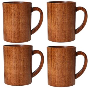 edearkar barrel shape wooden tea cups with handle 300ml top-grade natural solid wood tea cup wine mug for drinking tea milk coffee wine beer hot drinks, 4-pack