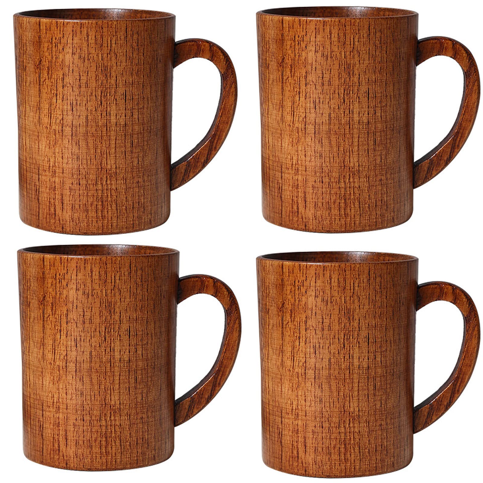 Edearkar Barrel Shape Wooden Tea Cups with Handle 300ML Top-Grade Natural Solid Wood Tea Cup Wine Mug for drinking Tea Milk Coffee Wine Beer Hot Drinks, 4-Pack