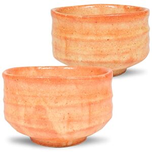 mino ware traditional japanese yunomi tea cups, mini matcha bowl, orange aka shino design for green tea, matcha tea set of 2