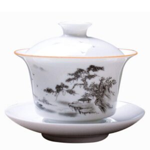 leblue dehua kung fu teacup with lid and saucer - porcelain gaiwan (ink landscape) - 1 set. 150ml