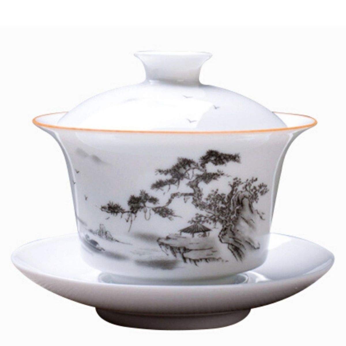 LeBlue Dehua Kung Fu Teacup with Lid and Saucer - Porcelain Gaiwan (Ink Landscape) - 1 Set. 150ml