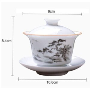 LeBlue Dehua Kung Fu Teacup with Lid and Saucer - Porcelain Gaiwan (Ink Landscape) - 1 Set. 150ml