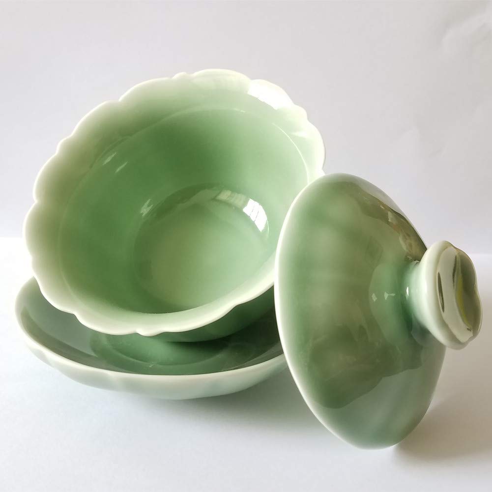 Handmade Celadon Gaiwan 5oz Teacups and Saucer Set Kung Fu Cups Porcelain Drinkware (Green)