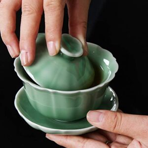 Handmade Celadon Gaiwan 5oz Teacups and Saucer Set Kung Fu Cups Porcelain Drinkware (Green)