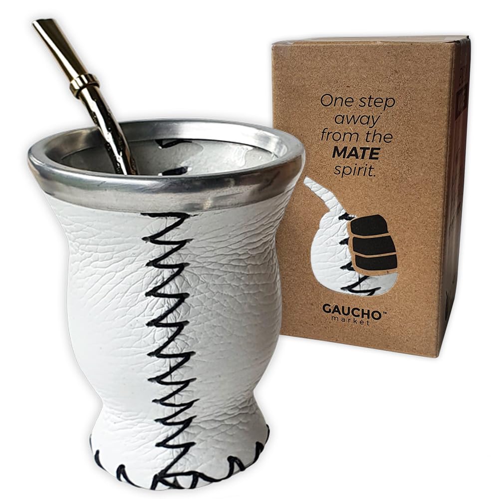 GAUCHO-MARKET New [NEW] Yerba Mate Cup Set. Authentic Leather-Wrapped Glass with Aluminum Top Ring. Includes a Bombilla (straw) (White)