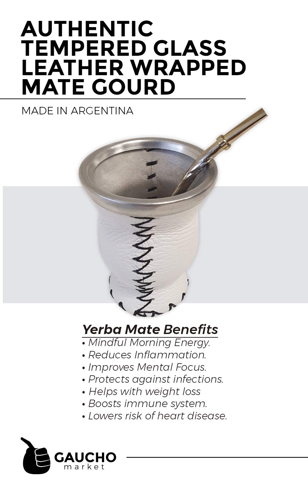 GAUCHO-MARKET New [NEW] Yerba Mate Cup Set. Authentic Leather-Wrapped Glass with Aluminum Top Ring. Includes a Bombilla (straw) (White)