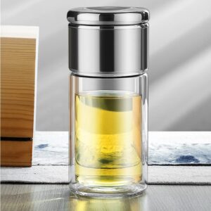 leyin double wall glass water bottle, travel cup with filter screen, tea and water separation cup for fruit loose leaf tea and cold brewing coffee (silver)