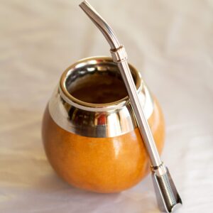 circle of drink - handcrafted natural yerba mate gourd (calabash mate cup) with alpaca steel brim - with stainless steel bombilla (mate tea straw)