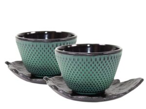 2 sado black leaf teacup saucer+2 green polka dot hobnail japanese cast iron tea cup teacup