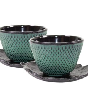 2 Sado Black Leaf Teacup Saucer+2 Green Polka Dot Hobnail Japanese Cast Iron Tea Cup Teacup