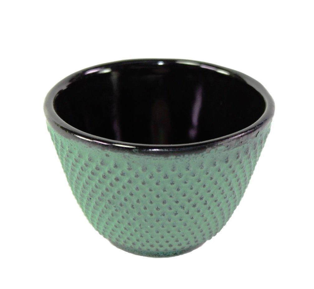 2 Sado Black Leaf Teacup Saucer+2 Green Polka Dot Hobnail Japanese Cast Iron Tea Cup Teacup