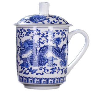 traditional chinese tea cup, bone china cup, ceramic mug, office cup, customizable cup, with cover 青瓷双龙
