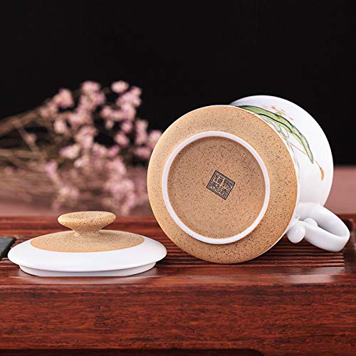 BIFULDYO Tea Cup with Filtering Function, Single Cup Loose Tea Brewing System,Large Capacity 12oz, Chinese Painting Style Pattern,Loose Leaf Iced Blooming or Flowering Tea Filter(Lotus)