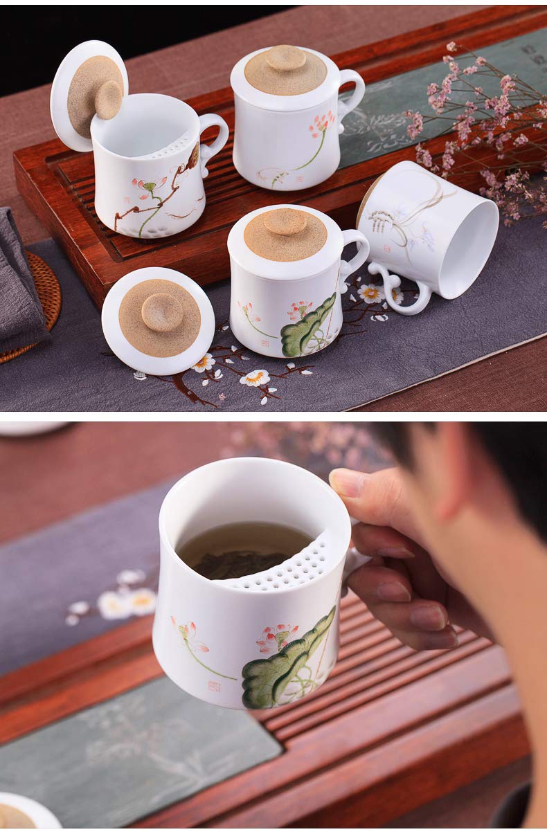 BIFULDYO Tea Cup with Filtering Function, Single Cup Loose Tea Brewing System,Large Capacity 12oz, Chinese Painting Style Pattern,Loose Leaf Iced Blooming or Flowering Tea Filter(Lotus)