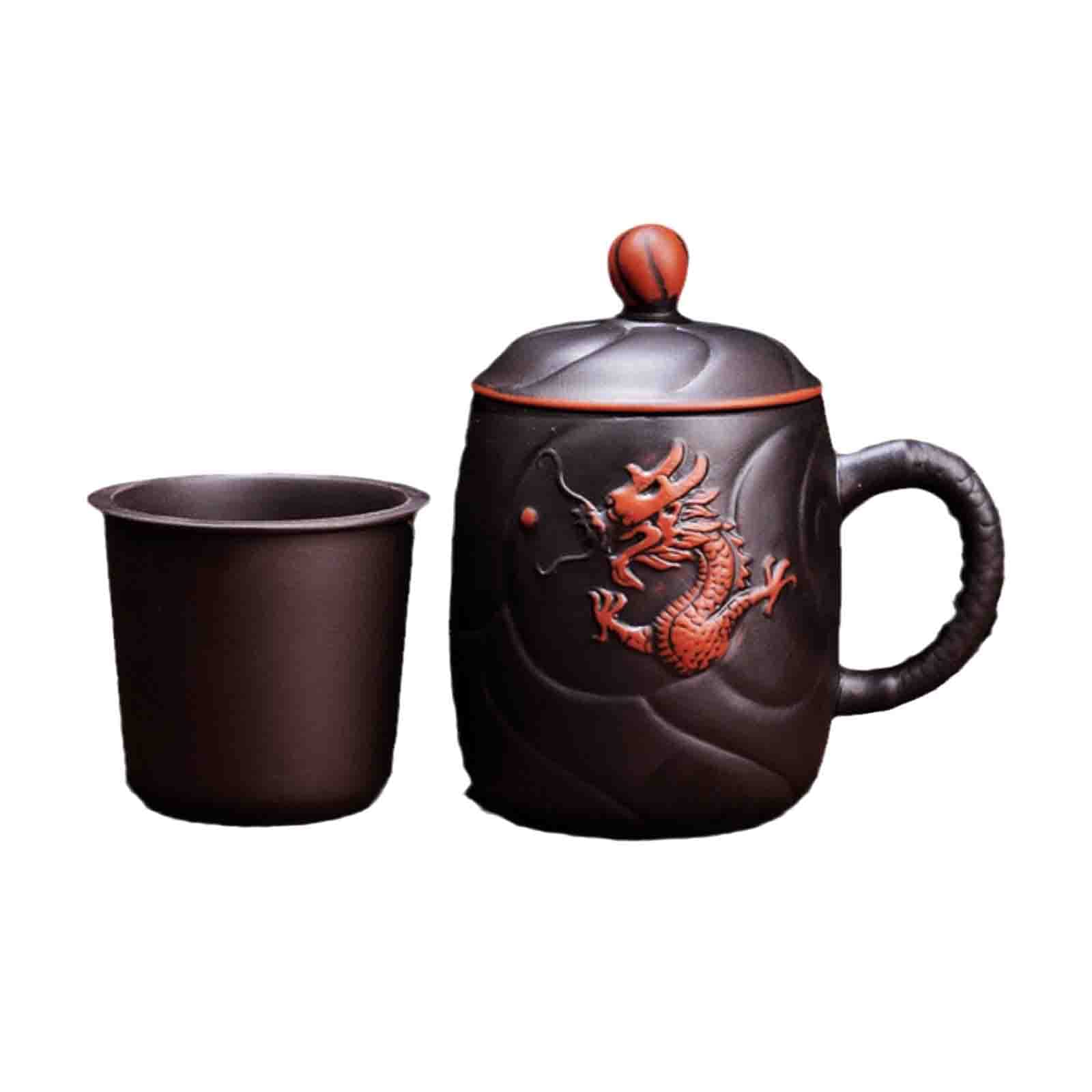 Purple Clay Chinese Embossed Dragon Teacups Creative Retro Tea Mug with Lid and Infuser Handmade Water Cup Drinkware Gifts