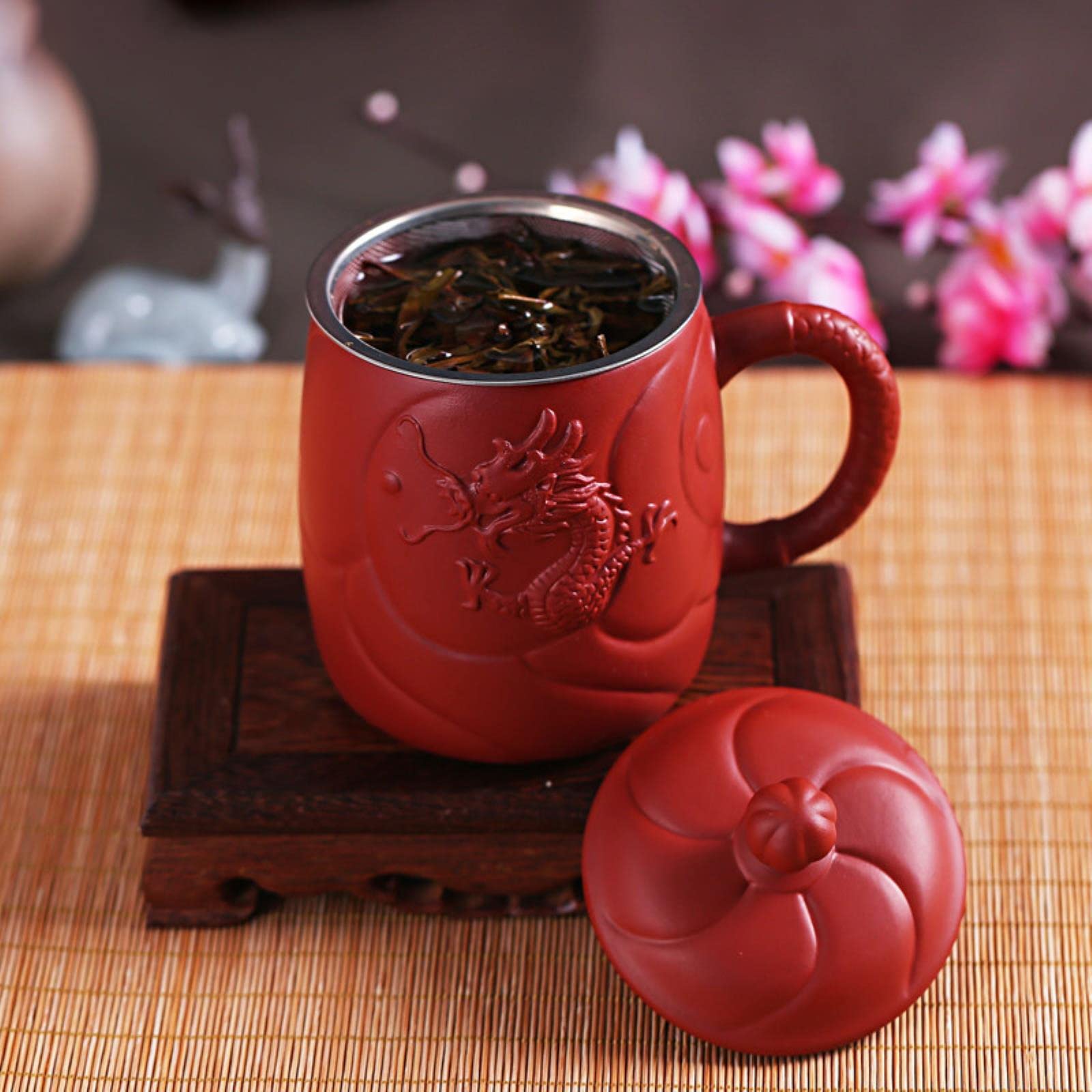 Purple Clay Chinese Embossed Dragon Teacups Creative Retro Tea Mug with Lid and Infuser Handmade Water Cup Drinkware Gifts