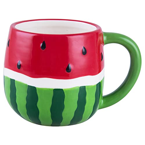 AwakingWaves Hand Painted Ceramic Tea Cups with Funny Watermelon-shaped Designs for Sister/Women/Mom, Novelty Green Travel Mug for Milk, Kawaii Gift Suitable for Dishwasher and Microwave (18 oz)