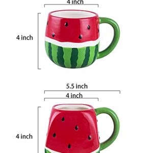 AwakingWaves Hand Painted Ceramic Tea Cups with Funny Watermelon-shaped Designs for Sister/Women/Mom, Novelty Green Travel Mug for Milk, Kawaii Gift Suitable for Dishwasher and Microwave (18 oz)