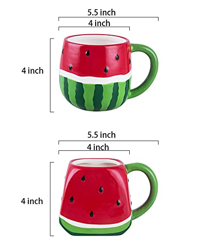 AwakingWaves Hand Painted Ceramic Tea Cups with Funny Watermelon-shaped Designs for Sister/Women/Mom, Novelty Green Travel Mug for Milk, Kawaii Gift Suitable for Dishwasher and Microwave (18 oz)