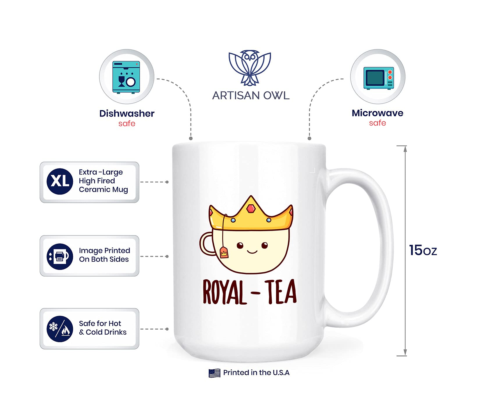 Artisan Owl Royal-Tea - Cute Funny Pun Royalty - Large 15oz Deluxe Double-Sided Tea Mug