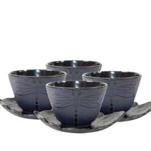 4 Black Tea Saucers and 4 Blue Dragonfly Cast Iron Teacups Hobnail Dot Japanese Styel ~ We Pay Your Sales Tax