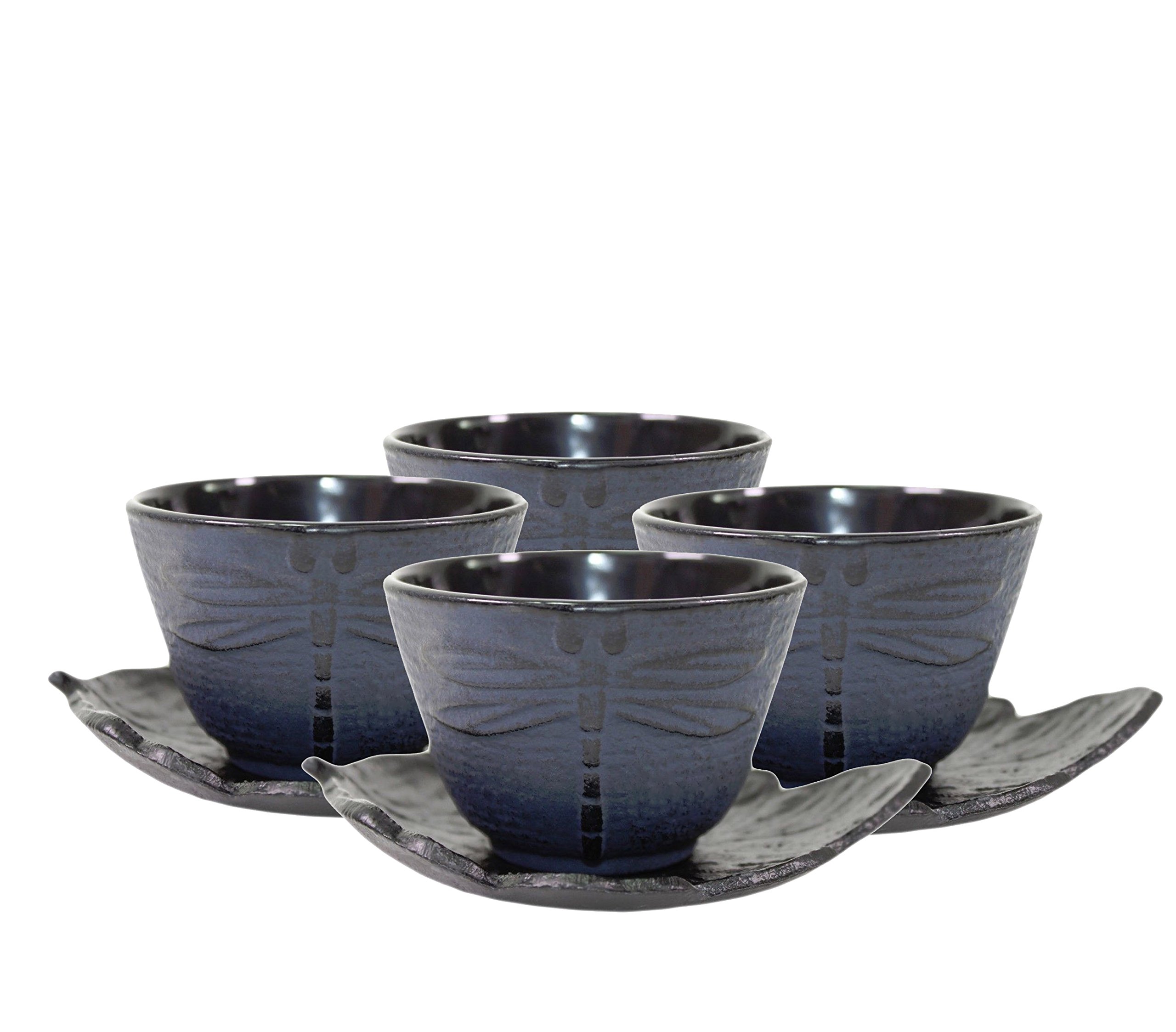 4 Black Tea Saucers and 4 Blue Dragonfly Cast Iron Teacups Hobnail Dot Japanese Styel ~ We Pay Your Sales Tax