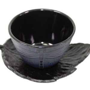 4 Black Tea Saucers and 4 Blue Dragonfly Cast Iron Teacups Hobnail Dot Japanese Styel ~ We Pay Your Sales Tax