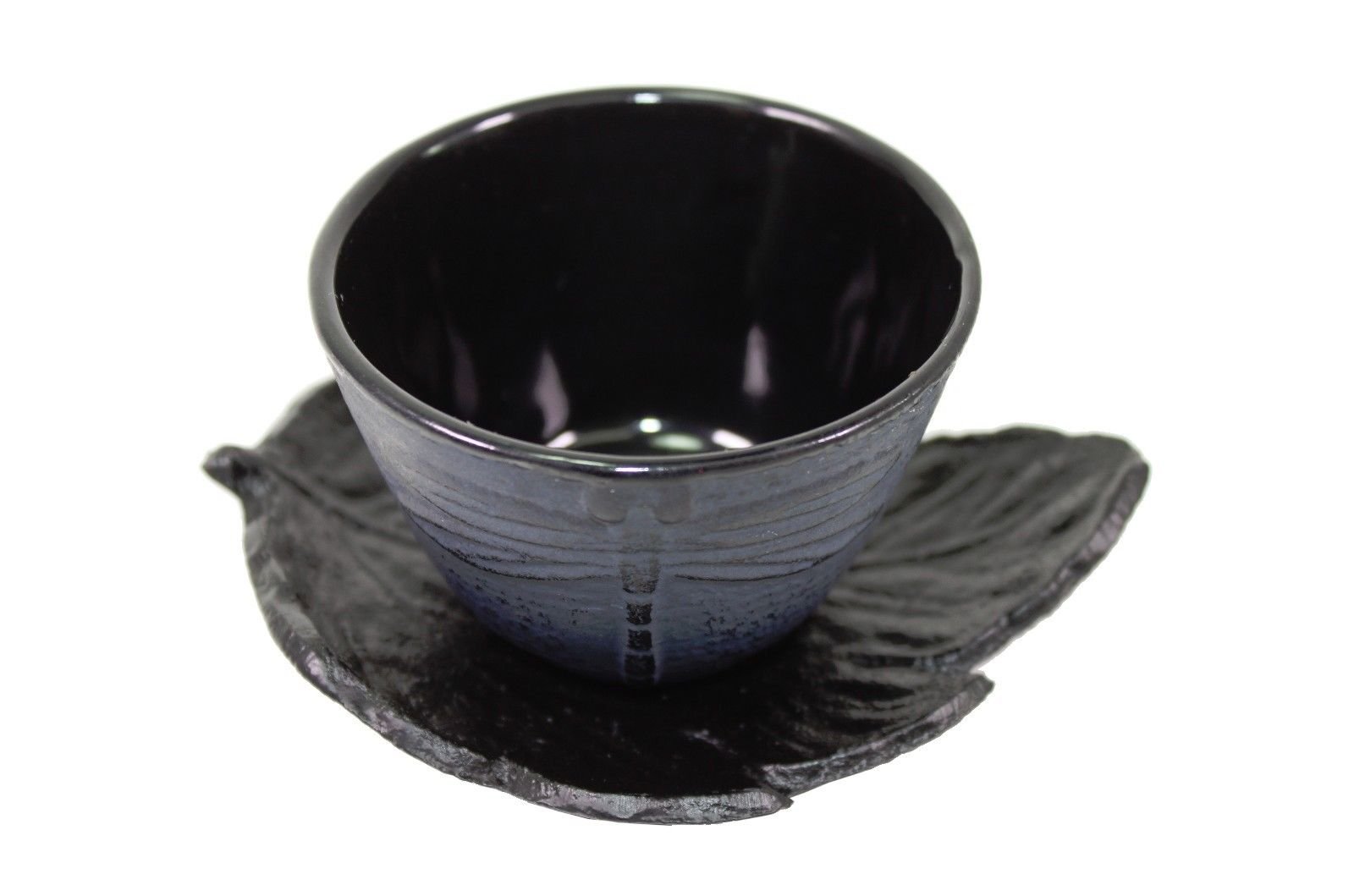 4 Black Tea Saucers and 4 Blue Dragonfly Cast Iron Teacups Hobnail Dot Japanese Styel ~ We Pay Your Sales Tax