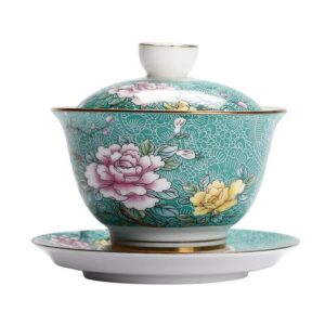 fomiyes chinese porcelain teacups gaiwan poney flower tureen tradition sancai cover bowl lip cup saucer tea set loose tea blooming