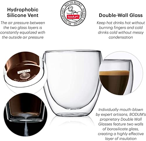 BODUM MELIOR 12082-10 Double Wall Tea Glass, 3.4 fl oz (100 ml), Set of 2, Clear, Genuine Product