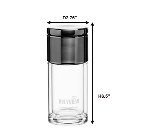 HOLYVIEW 220ml/7.4oz Double Wall Water Bottle with Tea Filter, Glass Tea Mug with Removable tea infuser