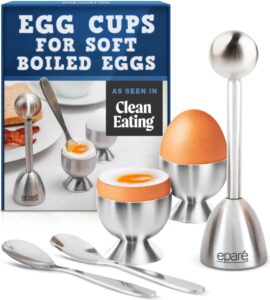 eparé egg cups for soft boiled eggs with spoons - hard boiled egg holder & egg cracker tool set - stainless steel handle egg opener topper & cutter