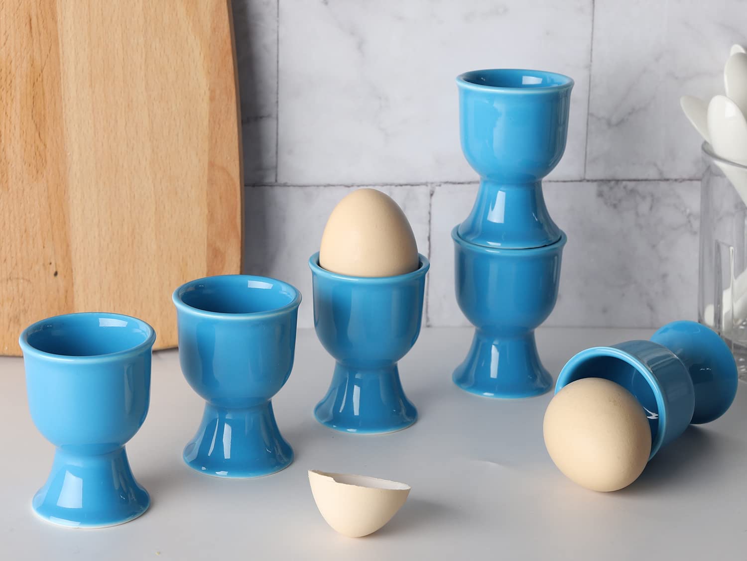 Ceramic Egg Cups Set of 6 Porcelain Egg Stand Holders for Soft Hard Boiled Eggs for Breakfast (Blue)