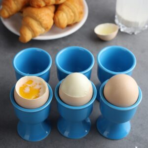 Ceramic Egg Cups Set of 6 Porcelain Egg Stand Holders for Soft Hard Boiled Eggs for Breakfast (Blue)