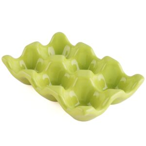 Ceramic Egg Holder 6 Cups Egg Tray Porcelain Fresh Egg Holder for Fridge Countertop Kitchen Storage (Green)