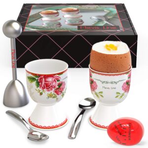 mevis line egg cups for soft boiled eggs, includes 2 egg holder, 2 ss spoons, 1 egg timer and 1 ss egg topper cracker