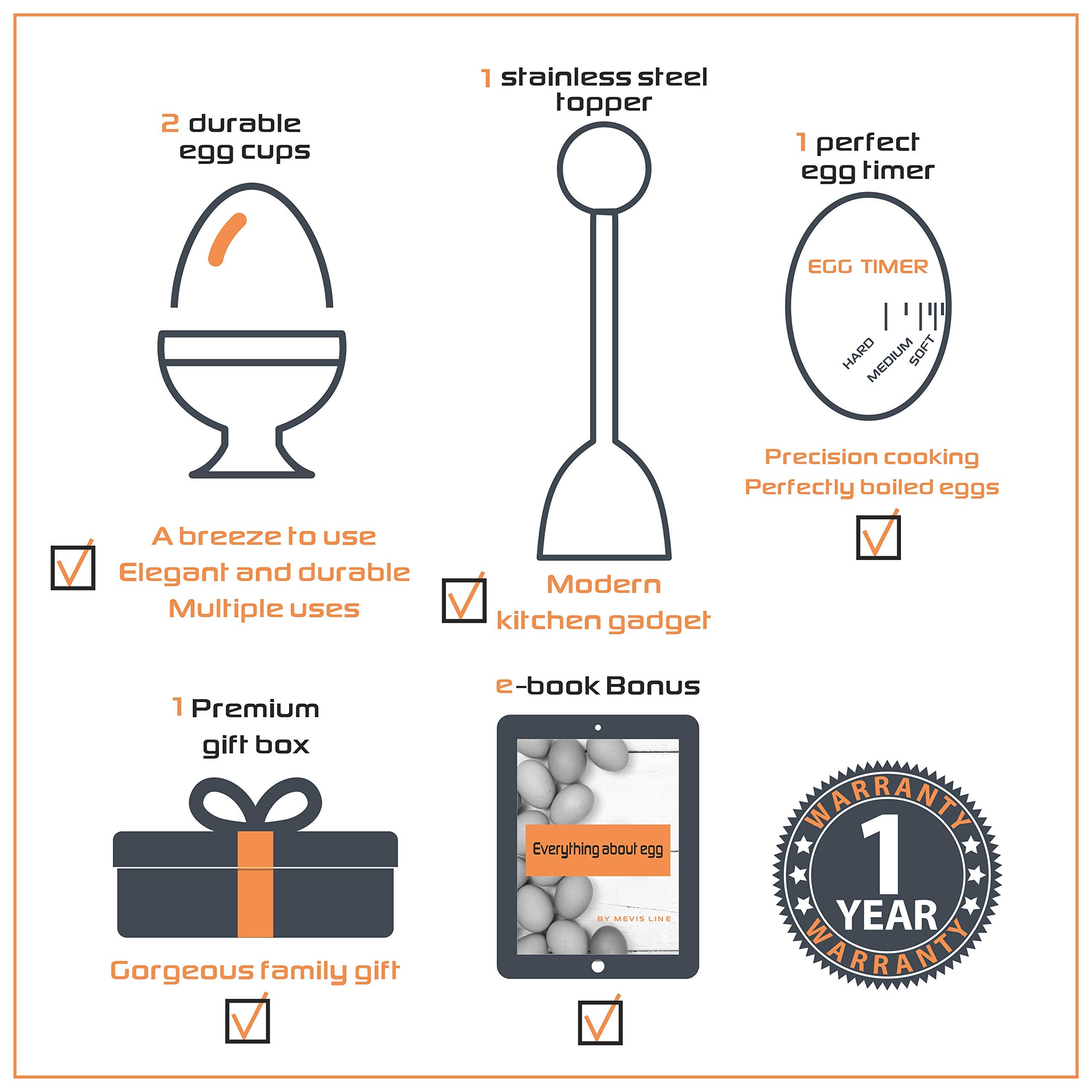 Mevis Line Egg Cups for Soft Boiled Eggs, Includes 2 Egg Holder, 2 SS Spoons, 1 Egg Timer and 1 SS Egg Topper Cracker