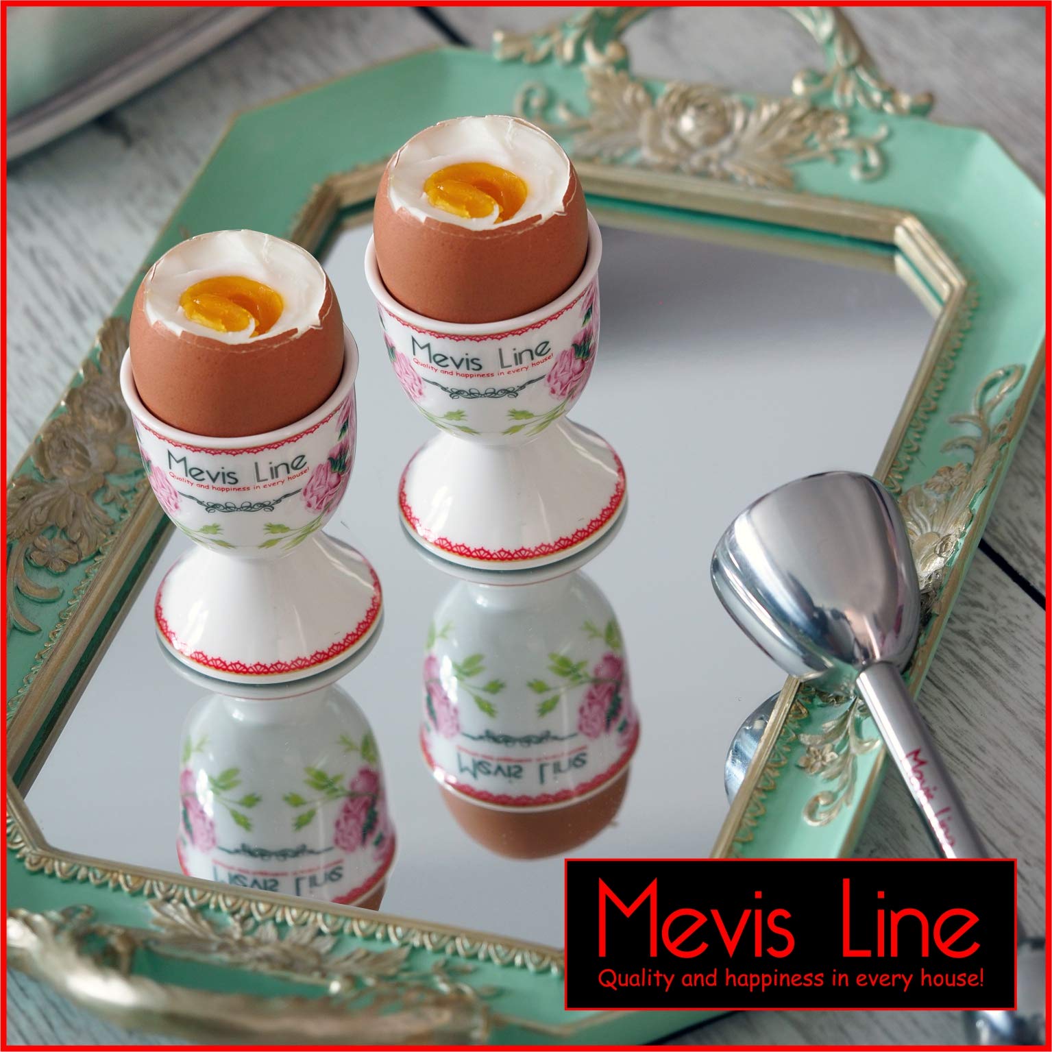 Mevis Line Egg Cups for Soft Boiled Eggs, Includes 2 Egg Holder, 2 SS Spoons, 1 Egg Timer and 1 SS Egg Topper Cracker