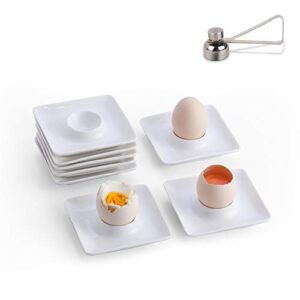 omaykey set of 8 porcelain egg cups with 1-pcs stainless steel egg cracker topper, white square ceramic egg stand holders for soft boiled eggs