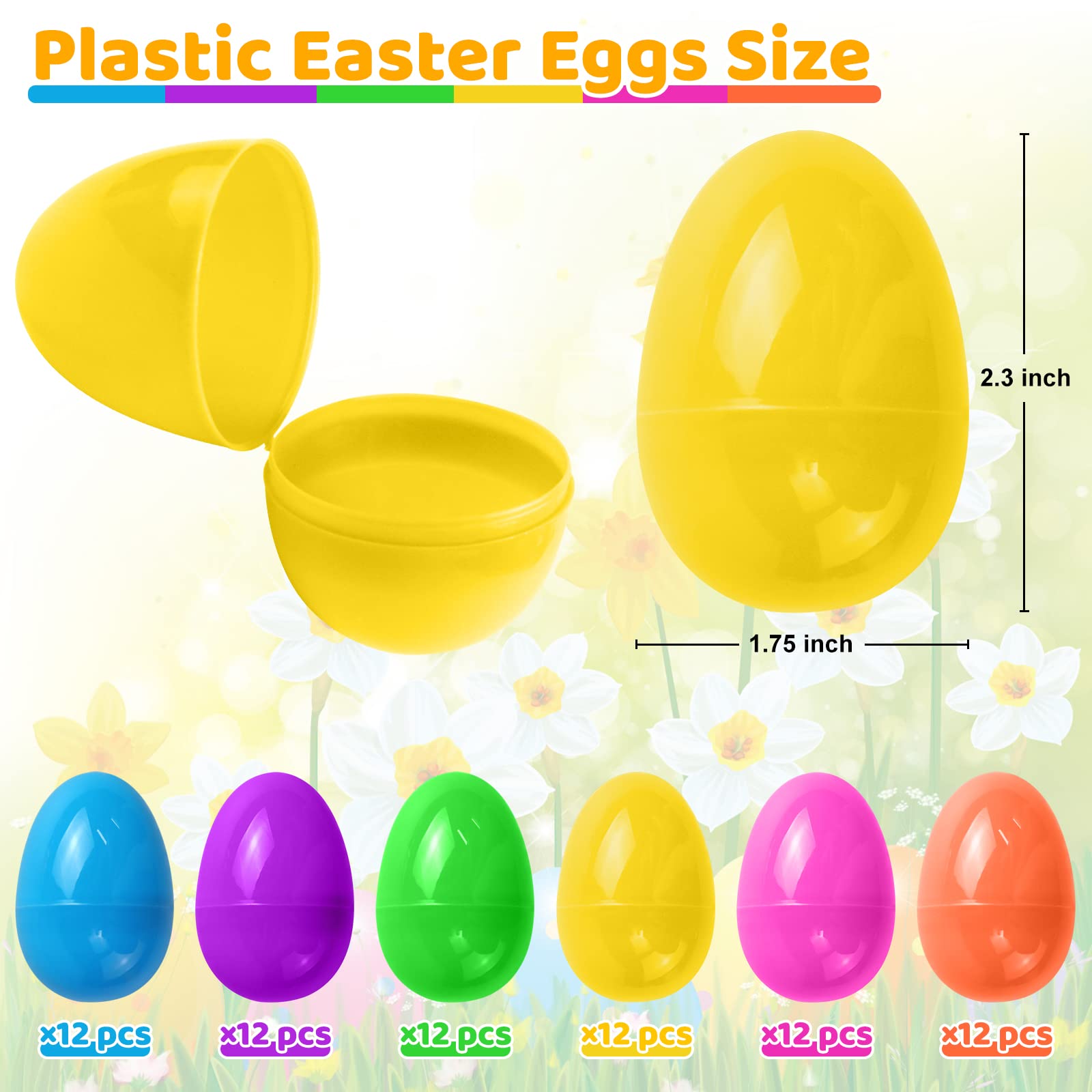 Motiloo 72 Pieces 2.3 Inch Plastic Easter Eggs, Fillable Easter Eggs Colorful Bright Plastic Easter Eggs Perfect for Easter Egg Hunt, Basket Stuffers Fillers, Easter Party Favors