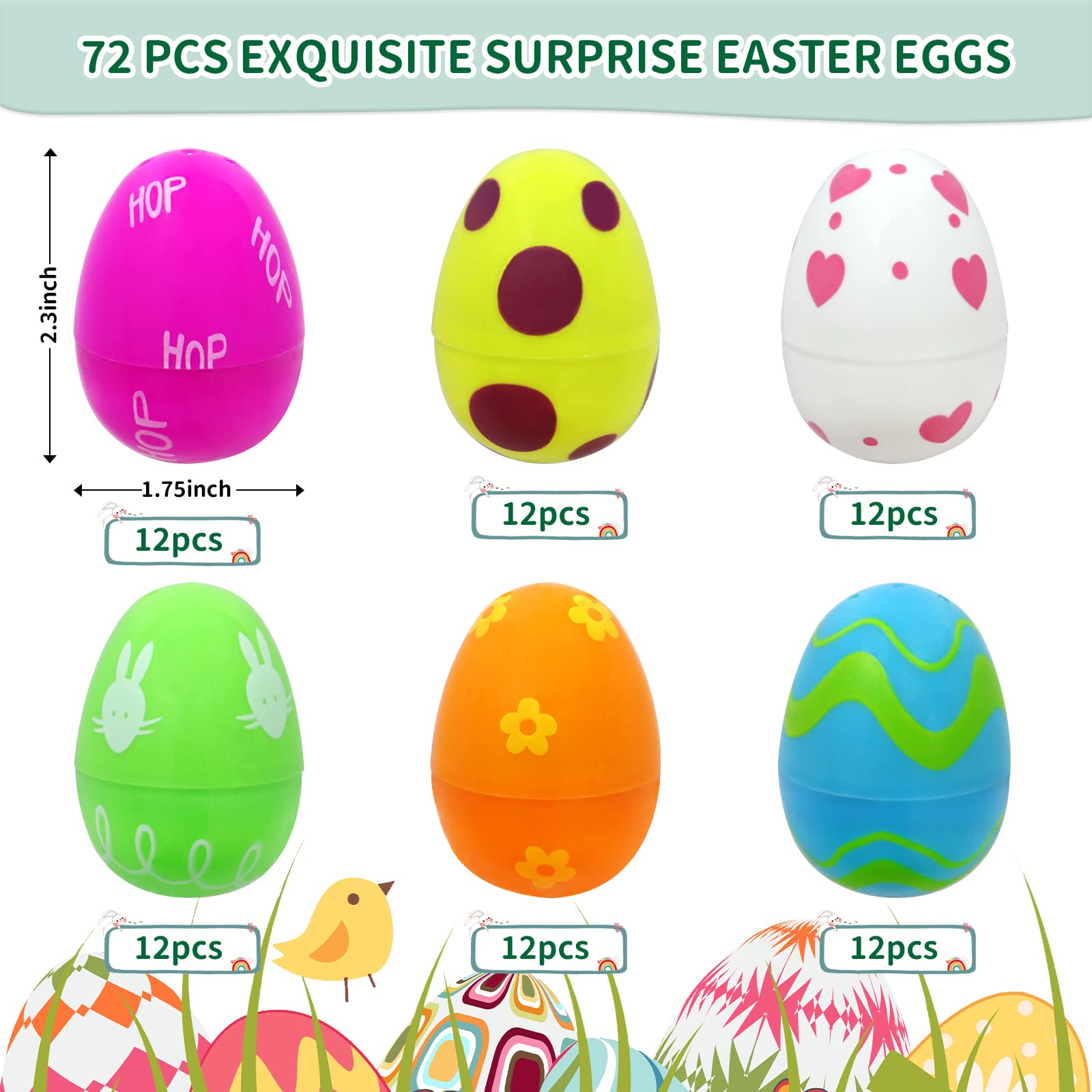 72 Pieces Easter Eggs Fillable Plastic Easter Eggs,Colorful Printed Bulk Easter Eggs for Easter Egg Hunt,Easter Hunt,Easter Basket Stuffers Easter Party Favors for Kids,2.3 inch Assorted Colors