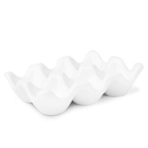 flexzion ceramic 6 cups egg tray - half dozen porcelain egg holder container keeper storage organizer decorative serving dish serveware for refrigerator fridge countertop display kitchen (white)