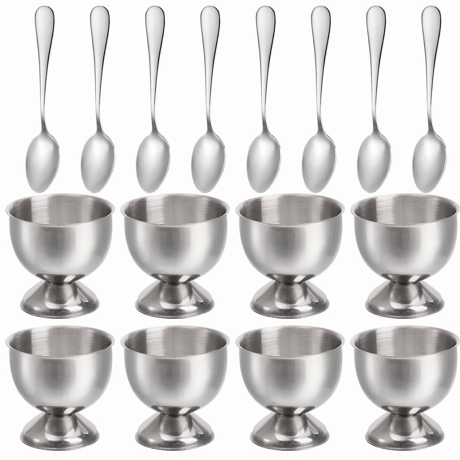 Elsjoy 8 Pack Egg Cup Holders with 8 Spoons, Stainless Steel Egg Cups Set for Soft & Hard Boiled Eggs, Kitchen Tools, Breakfast