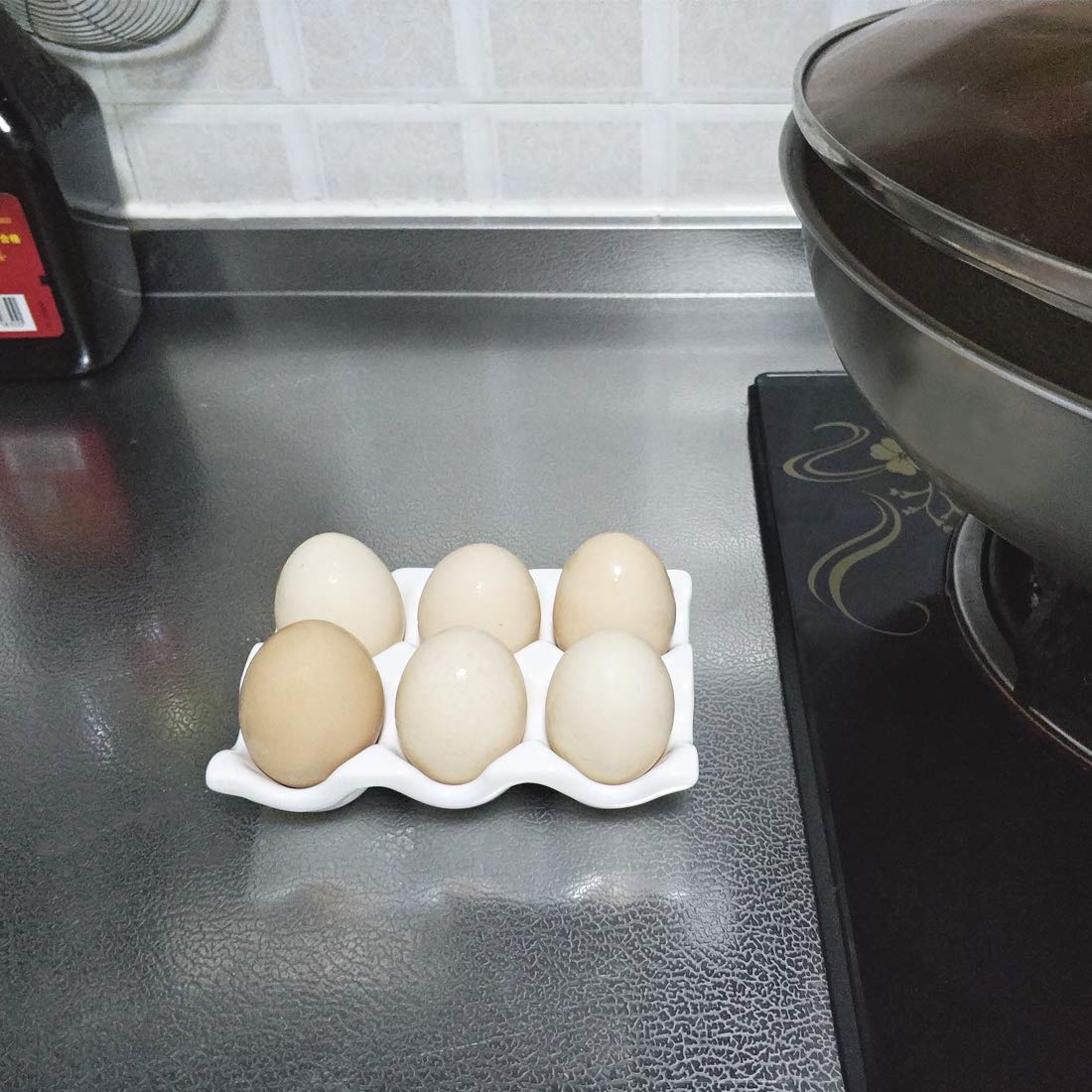 Bealuffe Ceramic Egg Holder Egg Tray Porcelain Fresh Egg Holder for Fridge Countertop Kitchen Storage Half Dozen 6 Cups (White)