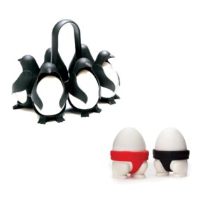 peleg design egguins 3-in-1 cook, store and serve egg holder + sumo eggs - soft or hard boiled egg cup holders (set of 2) bundle