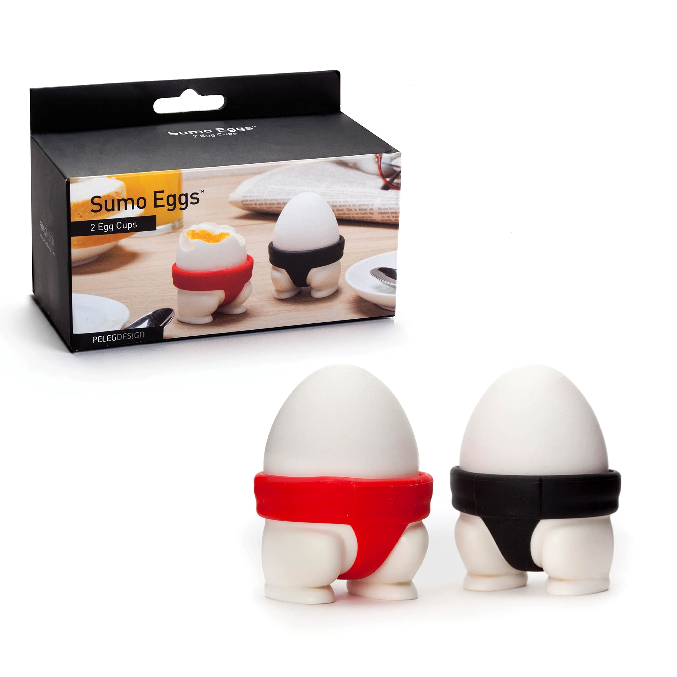 PELEG DESIGN Egguins 3-in-1 Cook, Store and Serve Egg Holder + Sumo Eggs - Soft or Hard Boiled Egg Cup Holders (Set of 2) Bundle