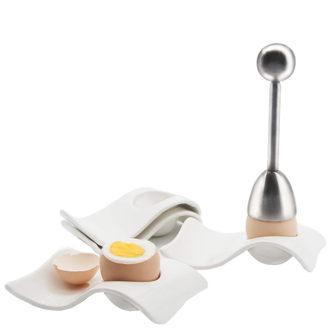 Egg Cup for Soft Boiled Eggs, Kitchenexus Egg Cups & Cracker Topper Set, 4pcs Set Ceramic Wave Egg Holder with Stainless Steel Egg Shell, Egg Stand Holders for kitchen